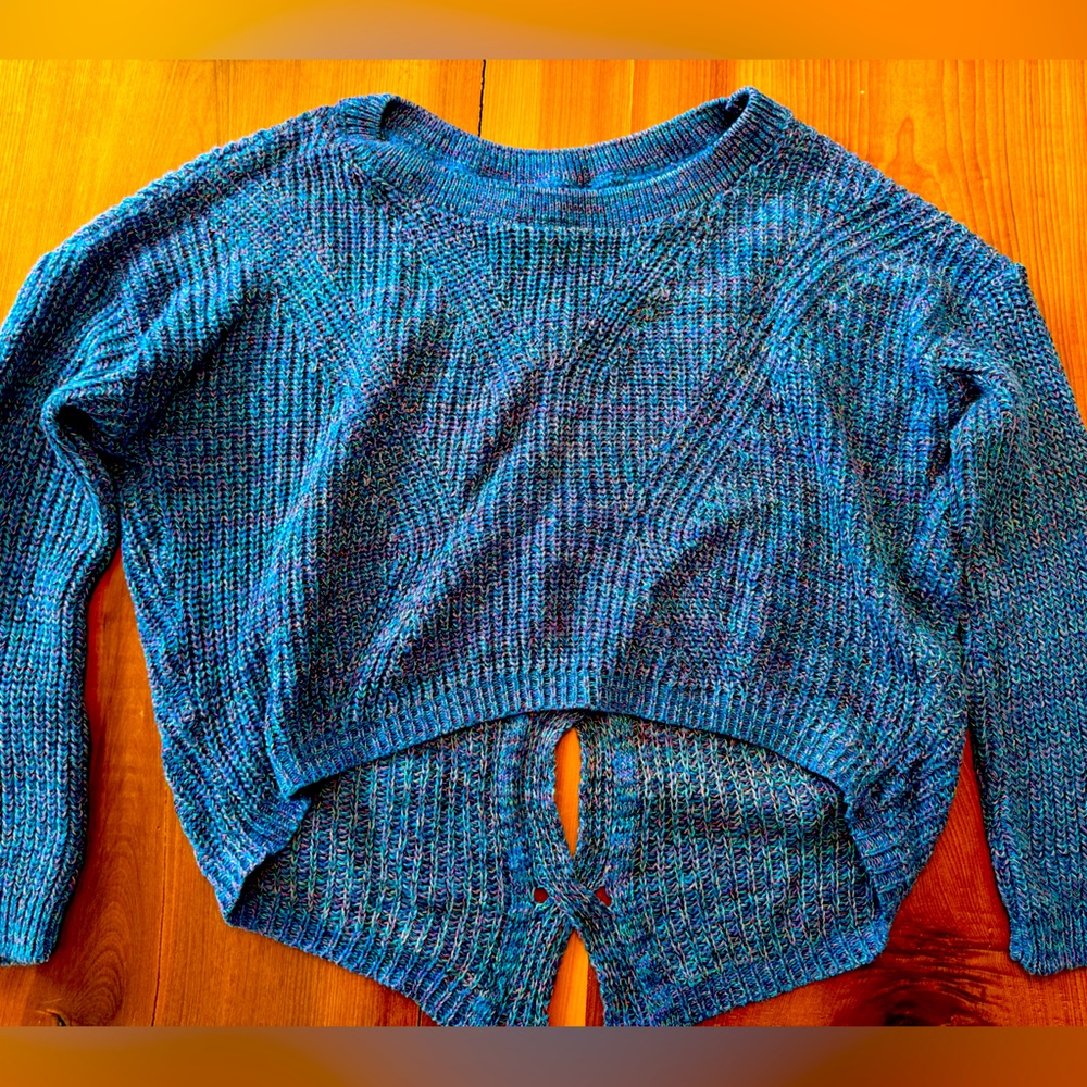 Express Womens Pullover Sweater Blue Marled Jewel Neck Braided Back Tight Knit S